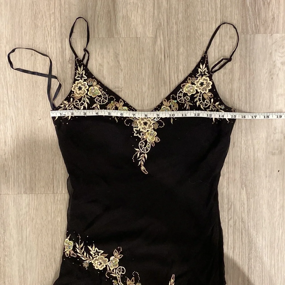 VINTAGE | Marina Black Silk Dress with Floral Sequin Embroidery / Modern Size XS - Picture 6 of 10